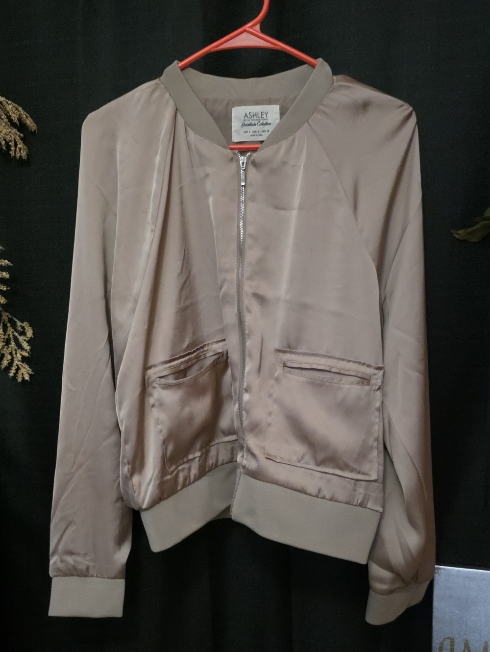 Ashley By 26 International Taupe Silk Blend-Style Zip Up Bomber Jacket